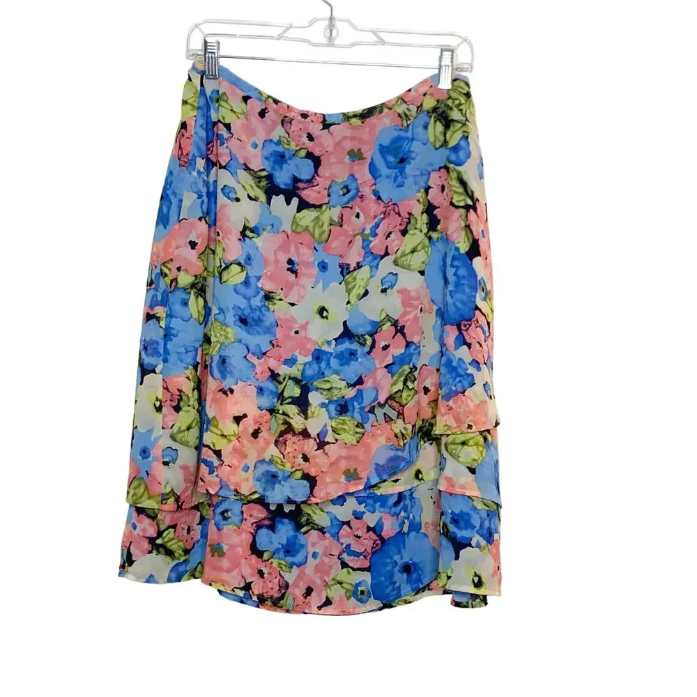 JACLYN SMITH Floral A-Line Knee Length Skirt Asymmetrical Hem Blue Pink Size M